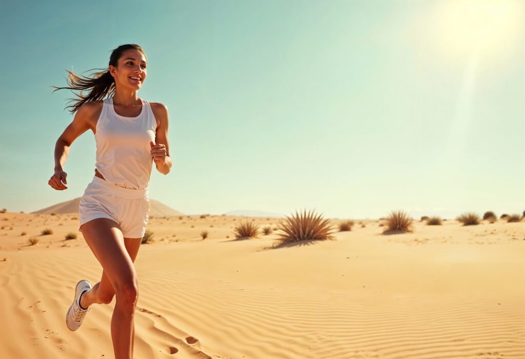 A fit young woman jogging on a sand dune in the Dubai desert at sunrise, representing the power of daily activity for fat loss.