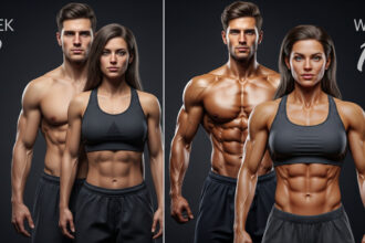 Before and after concept of a beginner starting a 12 weeks transformation program in Dubai.