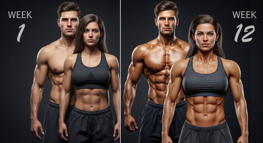 Before and after concept of a beginner starting a 12 weeks transformation program in Dubai.