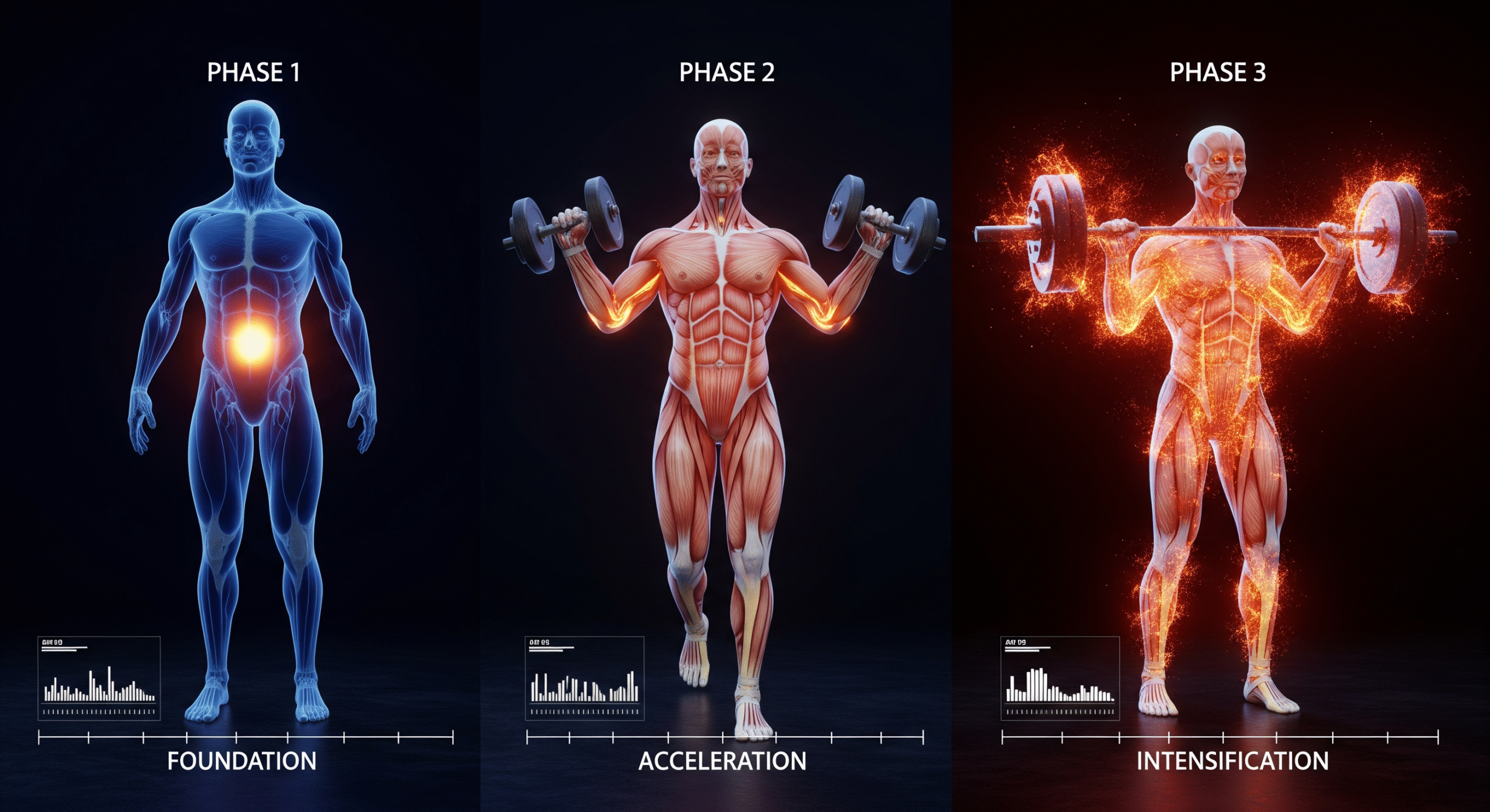 The Three Phases of the 12-Week Workout Program 3D biomechanical illustration showing the progression of a 12-week body transformation program from foundation to intensification. Image Title: The Three Phases of Your Transformation